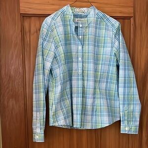Orvis Women's Plaid Mandarin Collar Button Up Shirt, Blue/Green, Size 12